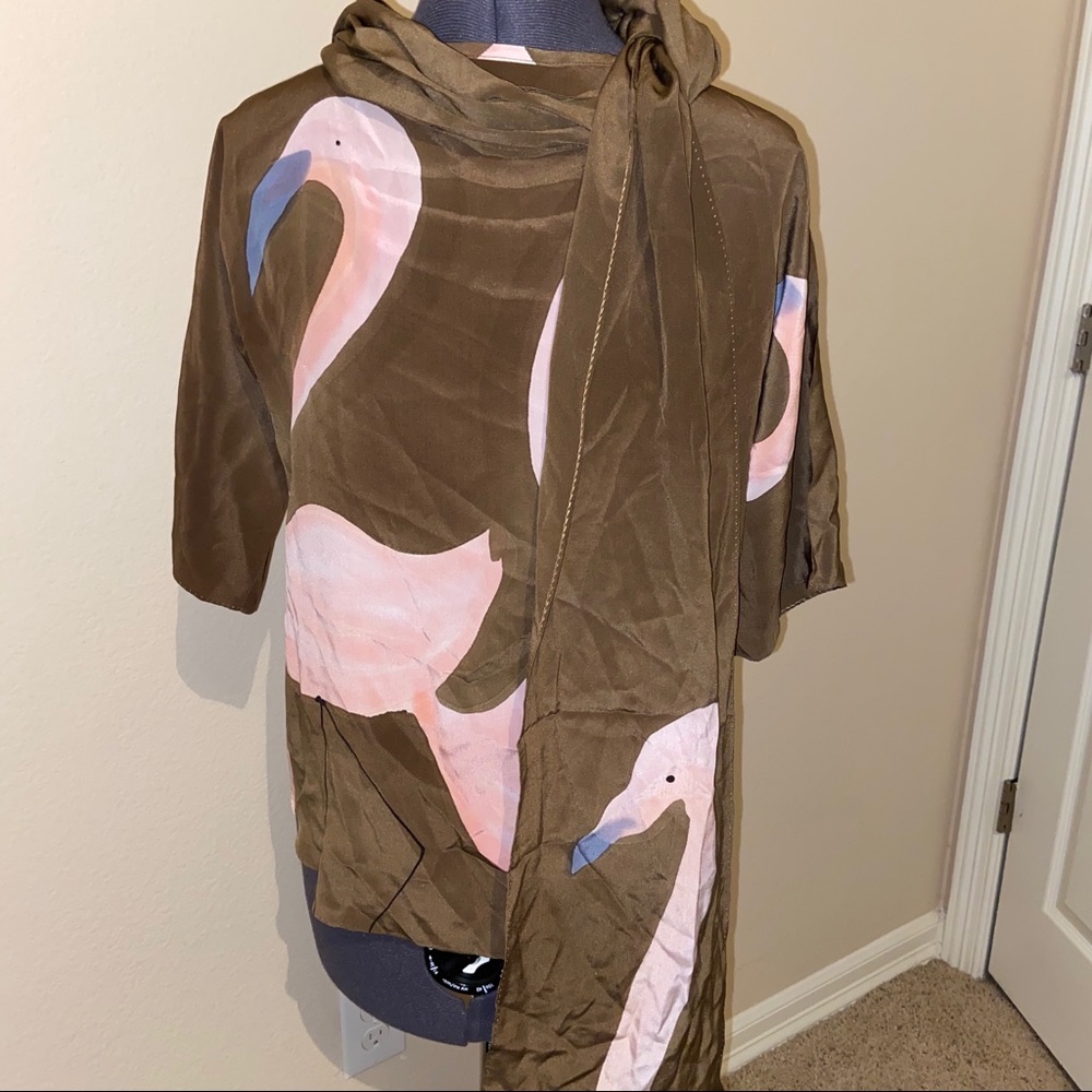 Vintage flamingo watercolor on brown silk top